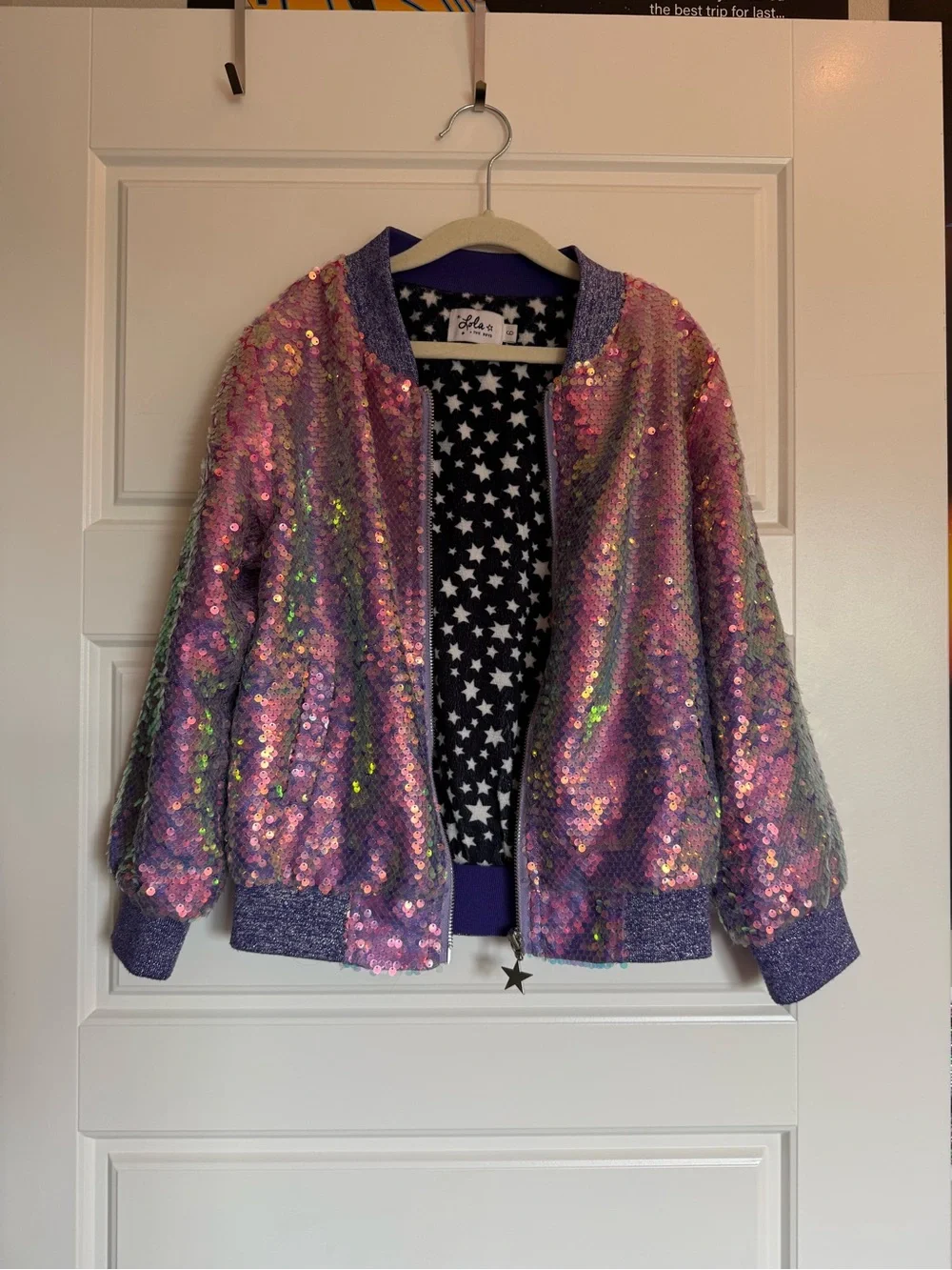 Lola & The Boys Girls Purple Sequin Bomber Jacket - Star Lined